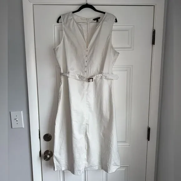 Banana Republic LINEN COTTON SHIFT DRESS sleeveless size 16 off white midi belt - Picture 3 of 11